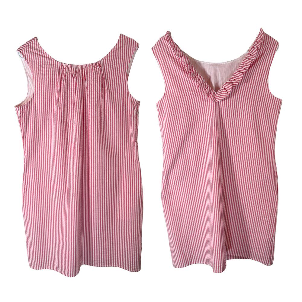 Crown and Ivy Pink White Seersucker Stripe Open Back Knee Length Ruffle Dress 10